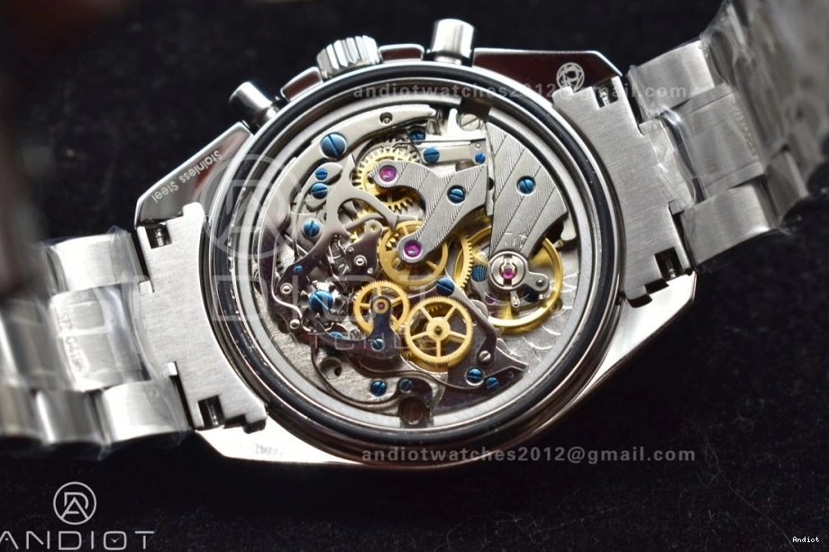 Speedmaster Movement Sapphire Back Crystal Winding OMF Transparent with Manual SS Chrono SS on Dial Black Bracelet MoonWatch 0106